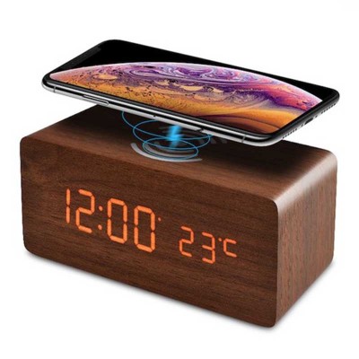 Qi Quick Wireless Charger Clocks For Mobile Phone 10W Wireless Charging Wooden Desk Clock For Cell Phone with Temperature Type-C