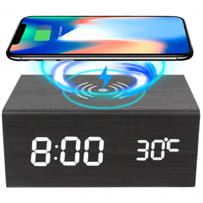 QI 10W Quick Wireless Charging Led Display Digital Bluetooth Speakers Connection Wooden Alarm Wireless Charger Clocks