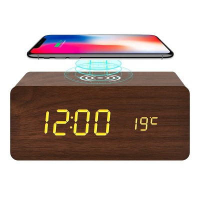 Wireless Charge For Mobile Phone 10W Type-C Fast Digital Charging Wooden Alarm Desk Clocks