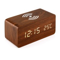 Customized 5W/10W Wireless Charging Sound Control LED Wooden Alarm Clocks Type-C Port with Temperature