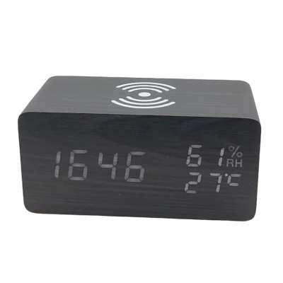 10W Qi Quick Wireless Charge Wooden Alarm Clocks For Cell Phone LED Wireless Charging with Temperature Display