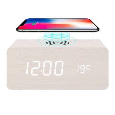 Wireless Clock Charging for iPhone Samsung in Bedroom 3 Alarm Settings Sound Control Adjustable Brightness 10W Wooden Clocks