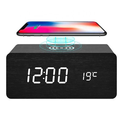 Type-C Wireless Charging for iPhone Samsung Wood Digital Clocks for Bedroom Adjustable Bright