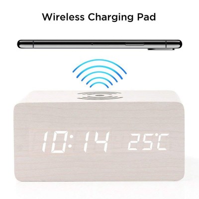 Factory Supplier 5/10W LED Wireless Charging Wooden Desktop Alarm Clocks Type-C Port with Sound Control Function