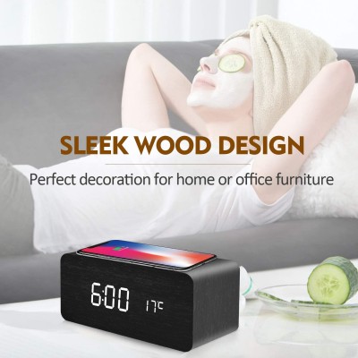 10W Quick Wireless Charging for iPhone Samsung Wood Digital LED Desk Clock for Bedroom Adjustable Bright